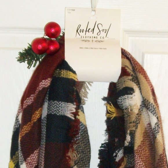 ROOTED SOUL NWT Fringed Plaid Scarf Shawl Large 55" x55" Red Navy Blue Cream Tan - Picture 2 of 6